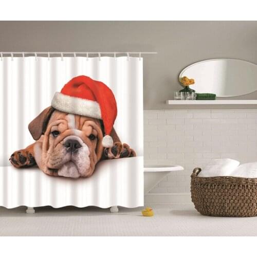 Funny Christmas Pug Dog Cat Kitten Shower Curtain Cute Lovely Puppy Kitten with Christmas Hat Ball Novelty Christmas Home Decor