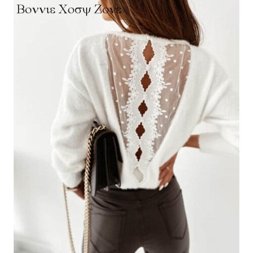 Women Long Sleeve Autumn Solid White lace Patchwork Open Back Sweater