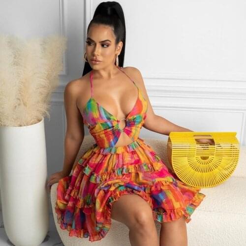 Halter Neck Backless Fit and Flare Beach Dress Round Metal Buckle Colorful Printing Sleeveless A-line Bohemian Dress for Woman