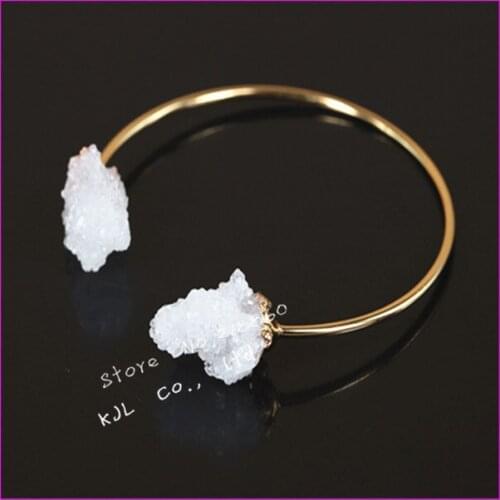 1pcs fashion natural white crystal rhinestore druzy stone pendant bangles gems rose shape stone pendant gold color bangles