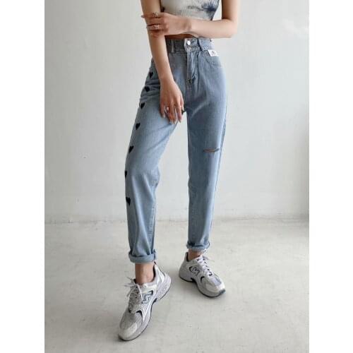 2021 Summer New Korean Womens Love Embroidery Straight Jeans for Women DLZK230