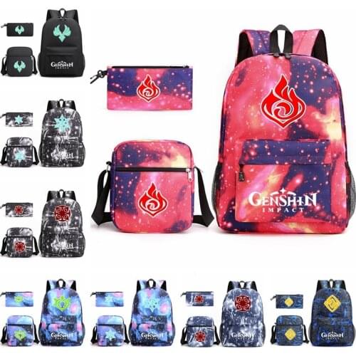 3Pcs Game Genshin Backpack Cosplay Canvas Children Kids Schoolbag Travel Bag Back To School Bookbag Usb Charging Backpack