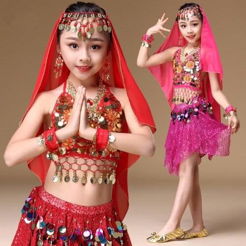 3 Pcs/Set Children Belly Dance Costume Set Sexy Girls India Dancing Stage Performance Clothes Oriental Dance Wear Short Skirt