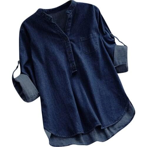 Irregular Button Women Clothes Pockets Casual Denim Long Sleeve Lady Top Blouse Bottoming Thin Keep Warm Fashion Female Clothes