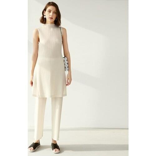 Sets Summer Brief Elegant Causal Loose Stand Collar Split Dress + Casual Straight Pants 2 Piece Set Women Outfits