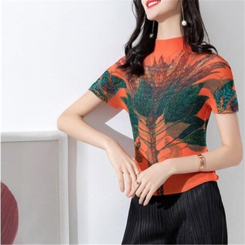 Miyake pleated short-sleeved top womens half-high collar 2021 summer new fashion print slim slimming T-shirt small shirt women