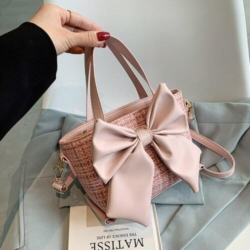 Fashion Lattice Bow Handbag Womens Solid Pu Bucket High Quality Woman Messenger Bag Designer Zipper Soft Top Handbag Women