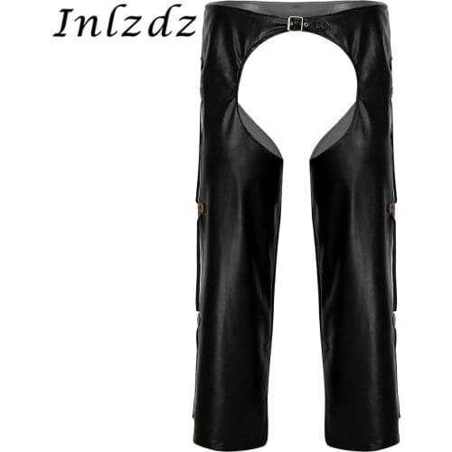 Mens Lingerie Sexy Crotchless Pants Wild West Cowboy Leather Chaps with Fringed Details Sex Costume Buckled Loose Long Pants