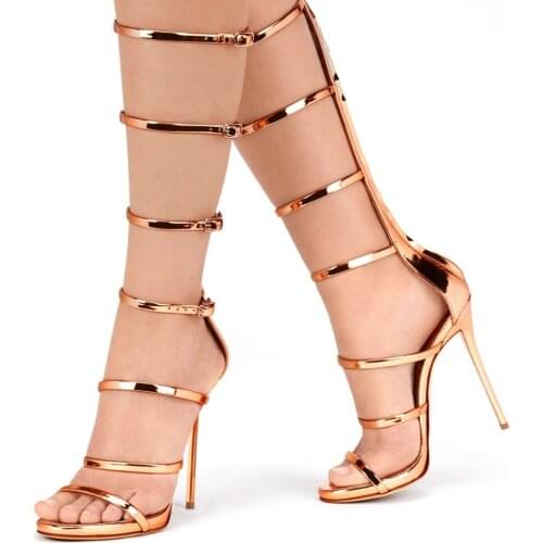 Newest 2018 Metallic Leather Cross Strappy Sandals Boot Metal Buckle Boots Stiletto Heels Women Hollow Knee High Botas Free Ship