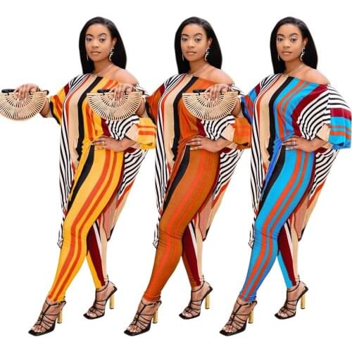 2021 Autumn Womens Personalized Casual Diagonal Shoulder Stripe Printed Irregular Length Two Piece Set