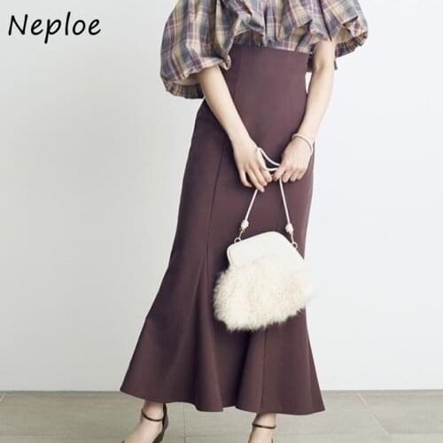 Neploe 2021 Autumn New Women Jupe Vintage Style Faldas Solid High Waist Slit slim Folds Ruffle Ankle-Length Mermaid Skirts