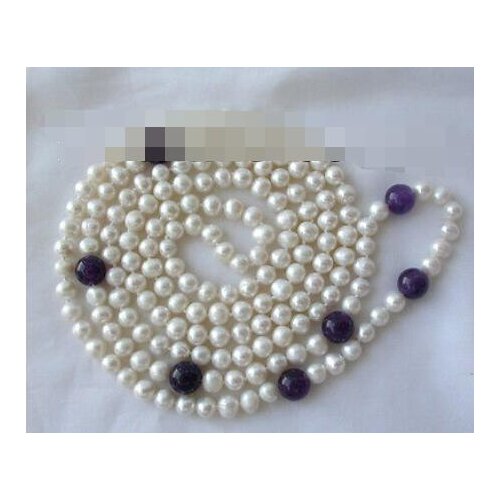 Long 50" 7-8mm round white freshwater cultured pearl amethyst necklace