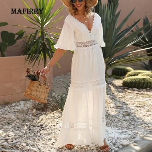 Elegant Lady Hollow Out V-Neck Dress Summer Women Butterfly Sleeve Casual Dress Female Solid Ankle-Length Dress Plus Size XXXL