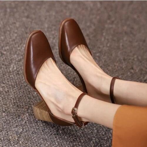 French style buckle with toe cap sandals women retro square toe thick heel high heels spring and summer Roman shoes hollow singl