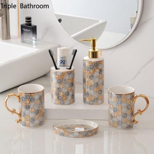 Light Luxury Ceramics Five Piece Set Gifts Household Toothbrush Holder Tooth Mug Soap Dish Liquid Soap Dispenser Bathroom Kit