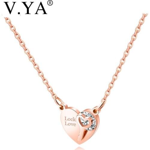 V.Ya Trendy Women LOCK LOVE Heart Pendent Necklaces Fashion Stainless Steel Cute Rose Gold Color Jewelry Charms Party Drop Ship