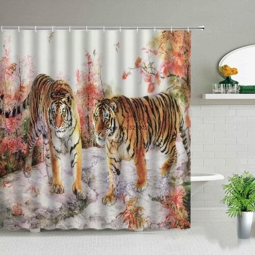 Spring Waterfall Scenery African Tiger in Water Swimming Shower Curtain Wild Animal Print Bathroom Home Decor Boys Gift Curtains