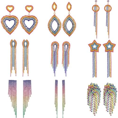 Wgoud Personality Long Multi Colored Rainbow Rhinestone Crystal Tassel Drop Earring New Korea Women Party Wedding Jewelry Gift