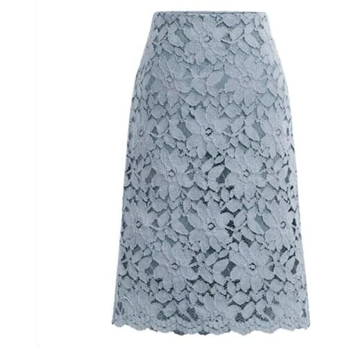 Hook Flower Hollow Lace Patchwork High Waist Solid Color Zipper Skirt Women Elegant Straight Office Streetwear Casual Skirts