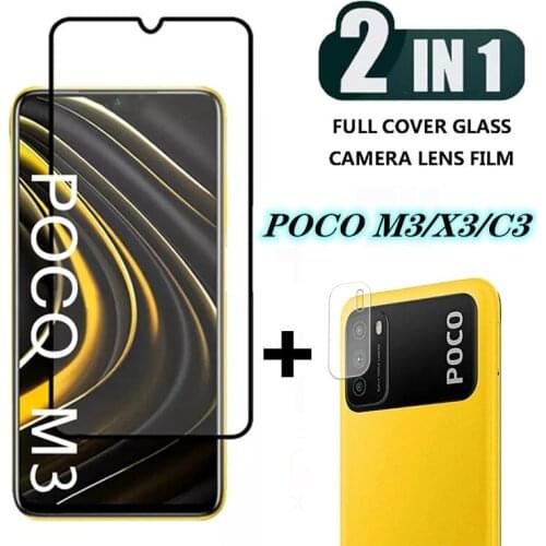2 in 1 Tempered Glass For Xiaomi PocoM3 X3NFC C3 Screen Protective Camera Lens Film For xiomi Poco F3 M3 Poco x3 Protector Film