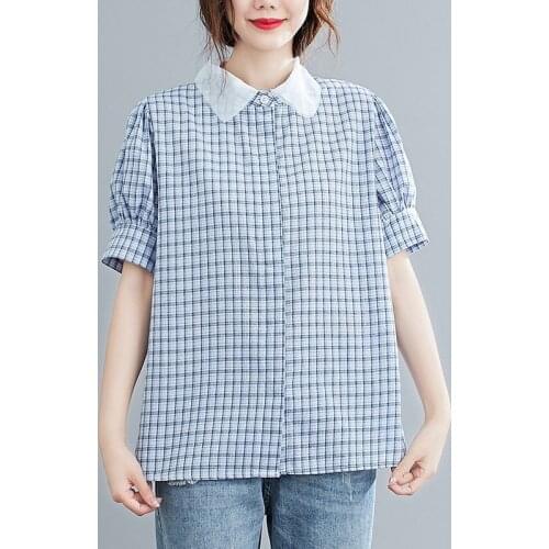 Oversized 100% Cotton Women Casual Shirts New Arrival 2021 Summer Korean Simple Style Vintage Plaid Loose Female Tops S2875