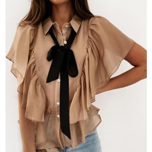 Womens Chiffon Shirt Top Tie-up Ruffle Solid Simple Summer Short Butterfly Sleeve Blouse Office Blouse Slim Casual Female Tops