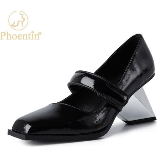 Phoentin Retro Genuine Leather mary janes shoes Strange high Heel Square Toe Woman Pumps ladies Party Wedding Shoes FT1665