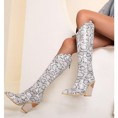 Womens fashionable western-patterned knee-high boots with pointed toes and low heels winter boots cowboy rider thigh-high boots