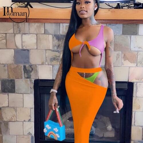 Inwoman Sexy Backless Sleeveless Jumpsuit Drawstring Jumpsuit Two Piece Set Women Club 2 Piece Hollow Out Maxi Skirt Outfits New