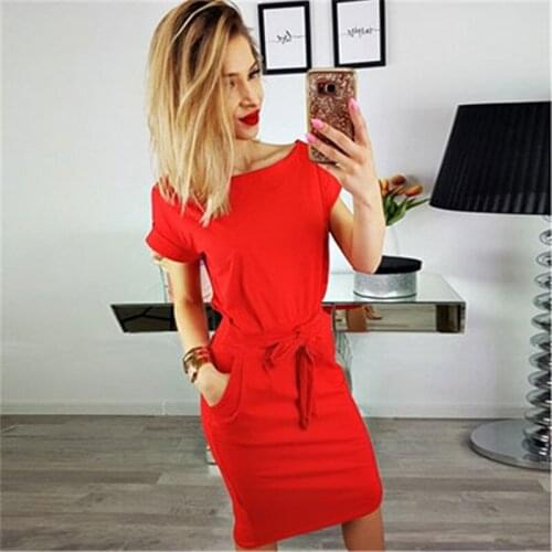 Summer Dress Women Sexy Casual Clothes Bodycon Lace Up Pockets Straight Solid Short Sleeve O-Neck Elegant Fashion New Robe Fille