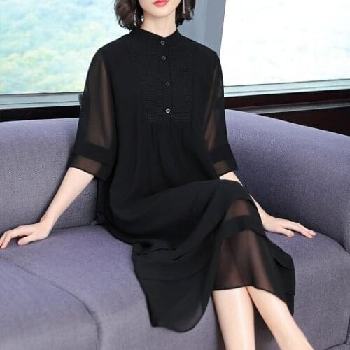2020 Summer Vintage Dress Women Chiffon Maxi Black Dress Elegant Female Dresses Korean Office Dress Plus Size M-5XL vestidos