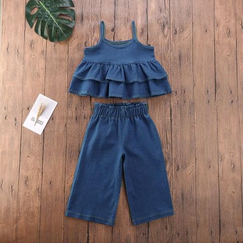 2PCS Toddler Baby Girl Denim Clothes Ruffle Tops Mini Dress Jeans Pants Outfits Baby Girl Summer Set 1-6T