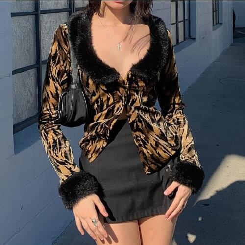 2000s Aesthetics Tiger Pattern Y2K Tops Vintage Fur Collar Single-Breasted Long Sleeve Outerwears E-Girl Fashion Outfits