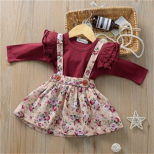 24 Collocations Autumn New Baby Girls Suit Children Triangular Long Sleeve Romper Floral Strap Skirt 2Pcs Kid Sweet Princess Set
