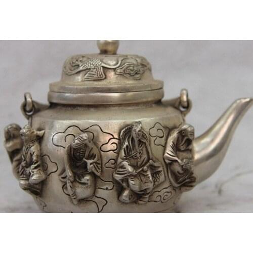 4 China White Copper Silver Eight Immortals Buddha Crane kettle Wine Pot Teapot