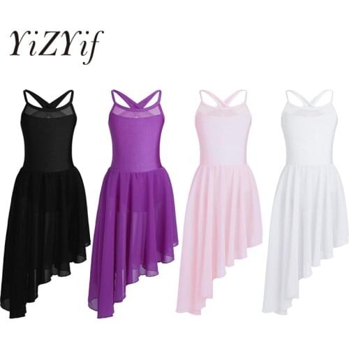 Kids Girls Ballet Leotards Dress Dancewear Mesh Splice Cutout Back Irregular Hem Tutu Ballet Dance Gymnastics Leotard Dress