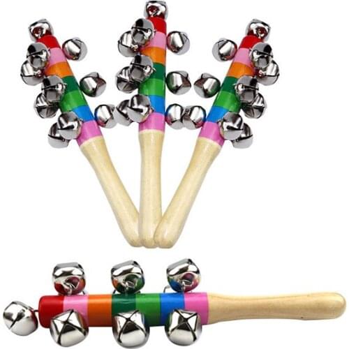 Babys Bell Vocal Toys Rainbow Shaker Stick Educational Toy Handle Wooden Activity Bell Ring Rainbow Musical Instrument