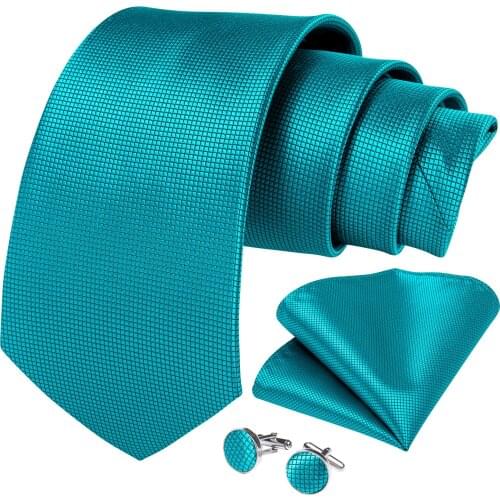 DiBanGu Mens Necktie Teal Blue Solid Designer Silk Wedding Tie For Men Hanky Cufflinks Tie Set Fashion Bussiness Party SJT-221
