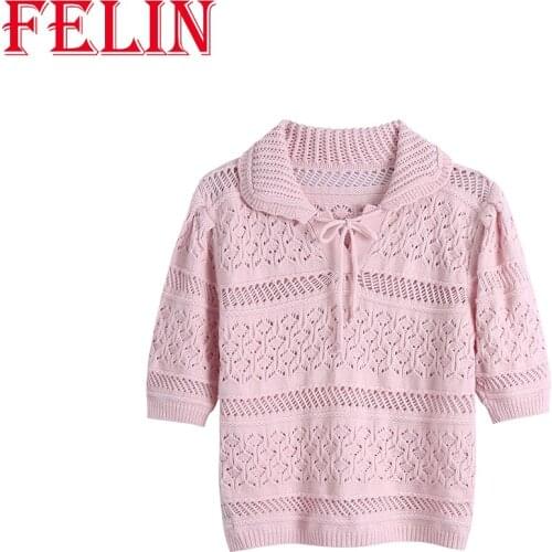 FELIN Za 2021 New Women Pink Blouses Jacquard Mesh Knit Pink Top Hollow Out Short Sleeve Chic Mujer Short Tops Vintage Shirt