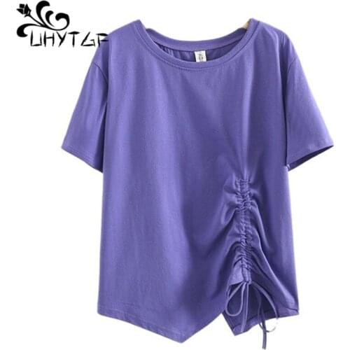 UHYTGF 3XL Oversized T-Shirt Women Fashion Irregular Cotton Casual Top Female Short-Sleeved O Neck Pullover Summer T-Shirts 1747