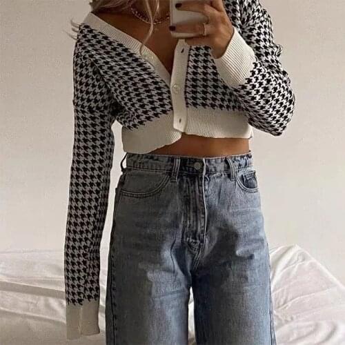 Northflow Cardigans Women Sweater Houndstooth High waist Single Breasted Pull Femme Sweaters Women Tops