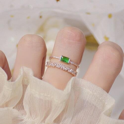 Korean hot fashion jewelry 14K real gold electroplated copper inlaid zircon ring double green square crystal women open ring