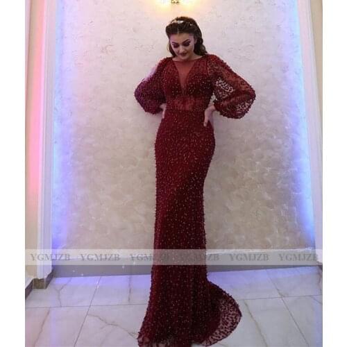 Lace Evening Dresses Long Luxury 2020 With Sleeves Pearls Crystals Arabic Formal Party Dress Women Elegant Plus Size Prom Gowns