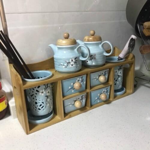 Kitchen ceramic artistic seasoning oil salt pot leak-proof chopsticks tube drawer for home use Plum blossom printing