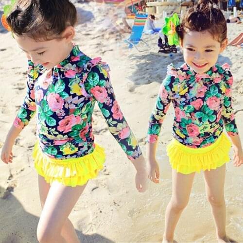 Summer Girls Swimwear 2020 New Style Kids 2-piece Swimming Suit Floral Top with Skirt Children Beach Wear Swimsuit