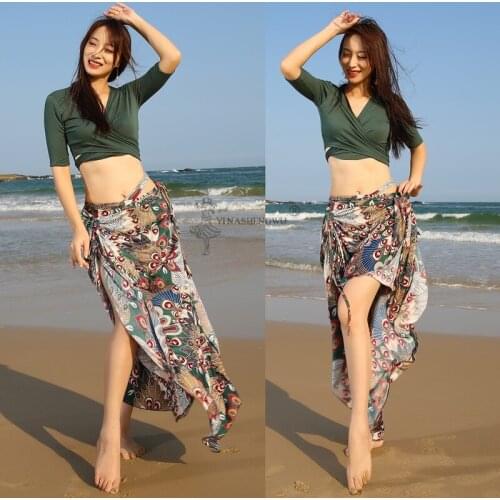 Hot Sale New Haft-sleeved V-neck Belly Dance 2Pcs Set Women Belly Dance Clothing Printed Skirt Belly Dance Costume Top Skirt
