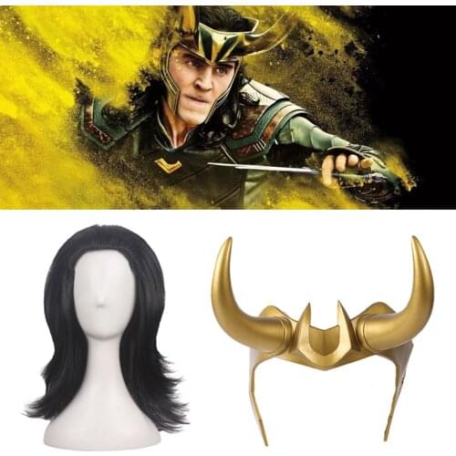 Movie Superhero Loki Cosplay Wigs Short Black Wig And Helmet Halloween Carnival Party Role Play Adult PVC Mask Props Headwear