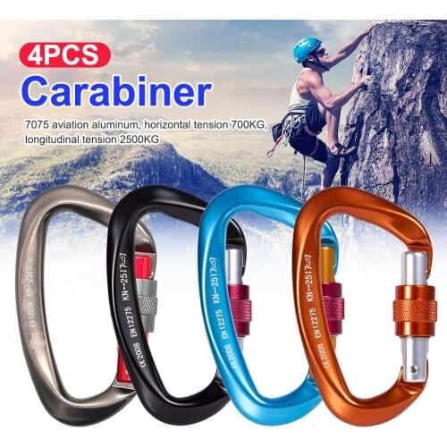 4pcs Professional Climbing Carabiners 25KN D Shape Climbing Buckle Lock Safety Lock Outdoor Climbing Equipment Accessories