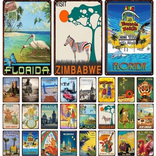 Retro Abstract Zimbabwe Florida City Metal Tin Sign Hot-Selling Tourism Landscape Colorful Iron Poster Anti-Fading Decoration