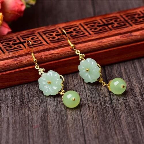 Luxury Green Jade Flower Simple Fashion Drop Earrings For Women Korean Style Long Tassel Dangle Earrings Female Wedding Jewelry